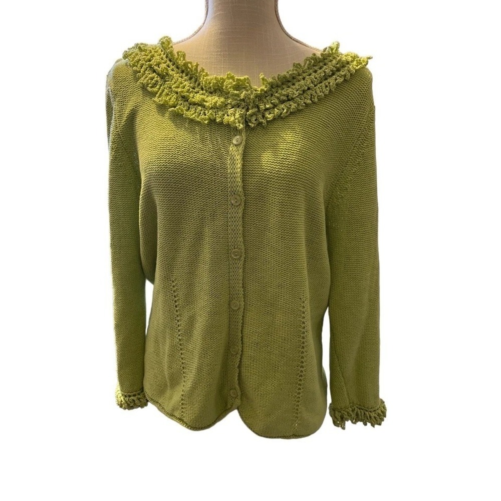 Coldwater Creek Medium (10-12) Green Ruffle Neck Button Front Cardigan Sweater
